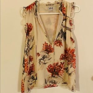 Chiffon sleeveless top, low cut w/ neck tie detail